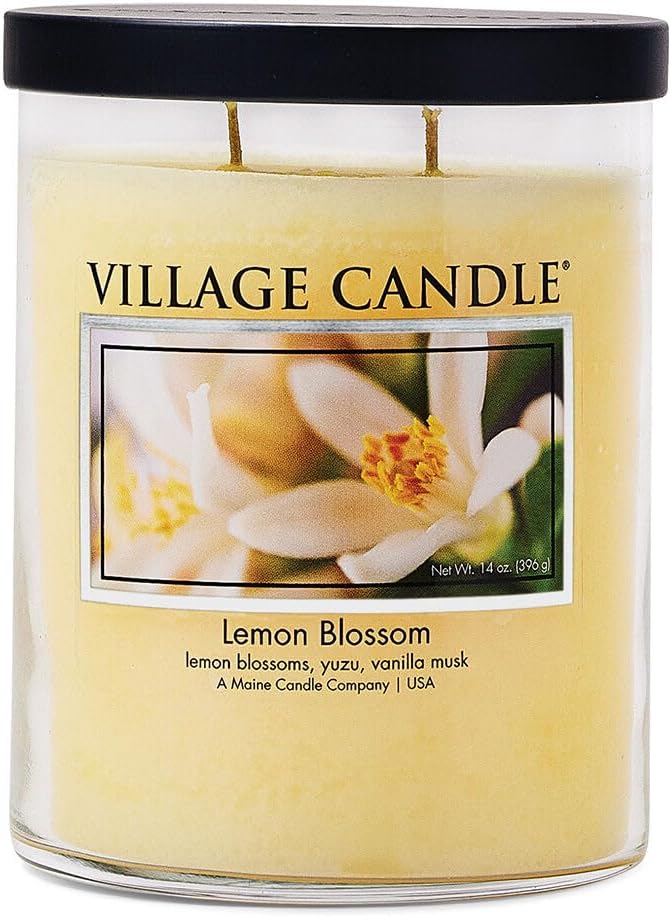Village Candle Lemon Blossom, Medium Black Lid Tumbler Scented Candle, 14 oz.