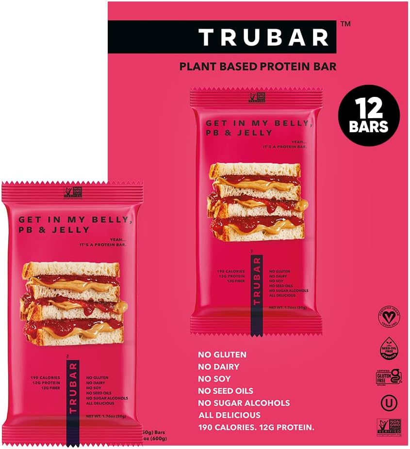TRUBAR Vegan Protein Bar, Get In My Belly Pb & Jelly, Gluten Free, Plant Based, High Fiber, Dairy Free, Low Fat, Non GMO, No Sugar Alcohols, 12G Lean Protein, 13G Fiber, Healthy Snack Bars, 12 CT