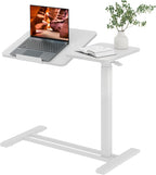 Adjustable Overbed Bedside Table with Wheels, Pneumatic Tilting Desktop Mobile Standing Desk, Rolling Laptop Desk for Bed, Sofa, or Hospital Use, (31.6" W x 15.7" D, White)