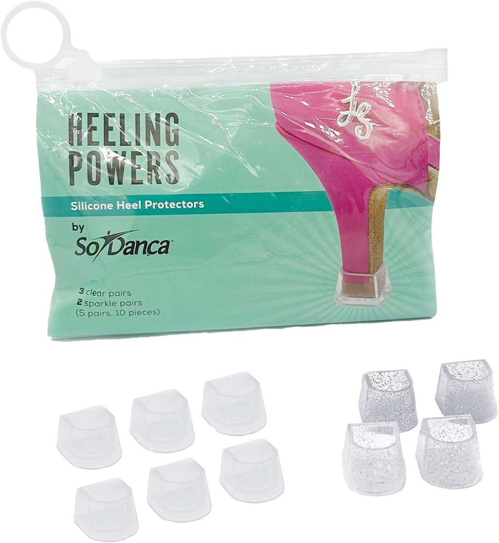 SoDanca Silicone Heel Protectors for Ballroom Shoes, 3 Clear Pairs, 2 Sparkle Pairs, Compatible with SoDanca Ballroom Shoes Only