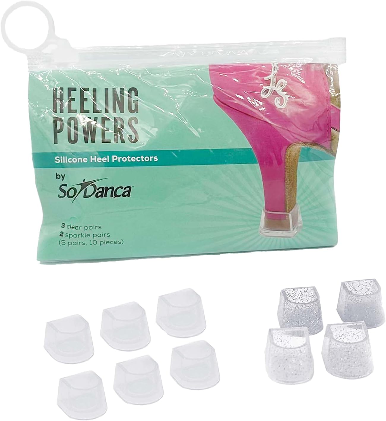 SoDanca Silicone Heel Protectors for Ballroom Shoes, 3 Clear Pairs, 2 Sparkle Pairs, Compatible with SoDanca Ballroom Shoes Only
