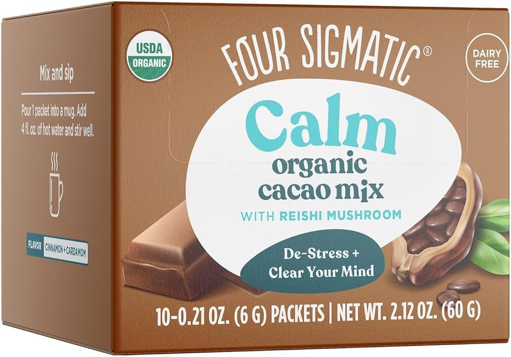 Four Sigmatic Calm Mushroom Cacao Mix | Organic Instant Cacao with Organic Reishi Mushroom Powder | Supports Calm & Relaxation | Drink it or Bake with it | Vegan, Gluten-Free, Dairy-Free | 10 Count