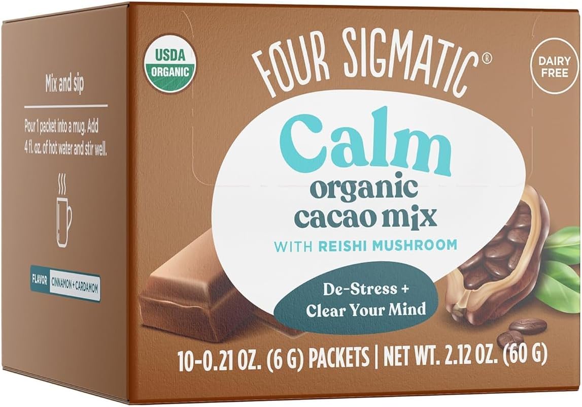 Four Sigmatic Calm Mushroom Cacao Mix | Organic Instant Cacao with Organic Reishi Mushroom Powder | Supports Calm & Relaxation | Drink it or Bake with it | Vegan, Gluten-Free, Dairy-Free | 10 Count