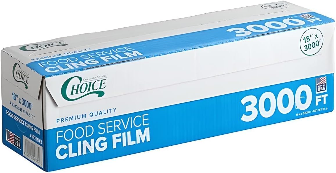 OCS Parts 18-Inch x 3000-Feet Large Roll Food Service Cling Film | Commercial Clear Plastic Food Wrapping Film with Serrated Cutter