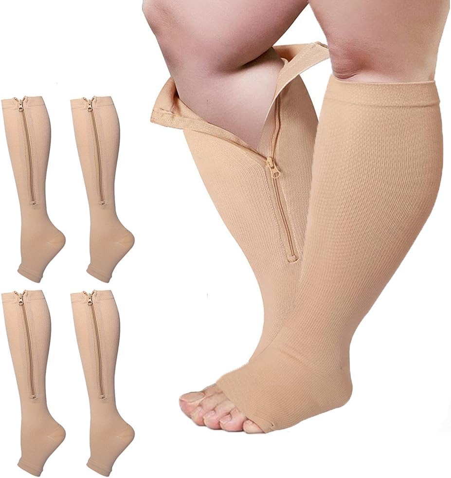2 Packs Plus Size Compression Socks with Zipper, Knee High 15-20mmHg Socks for Women Men Open Toe Support Socks