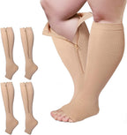 2 Packs Plus Size Compression Socks with Zipper, Knee High 15-20mmHg Socks for Women Men Open Toe Support Socks