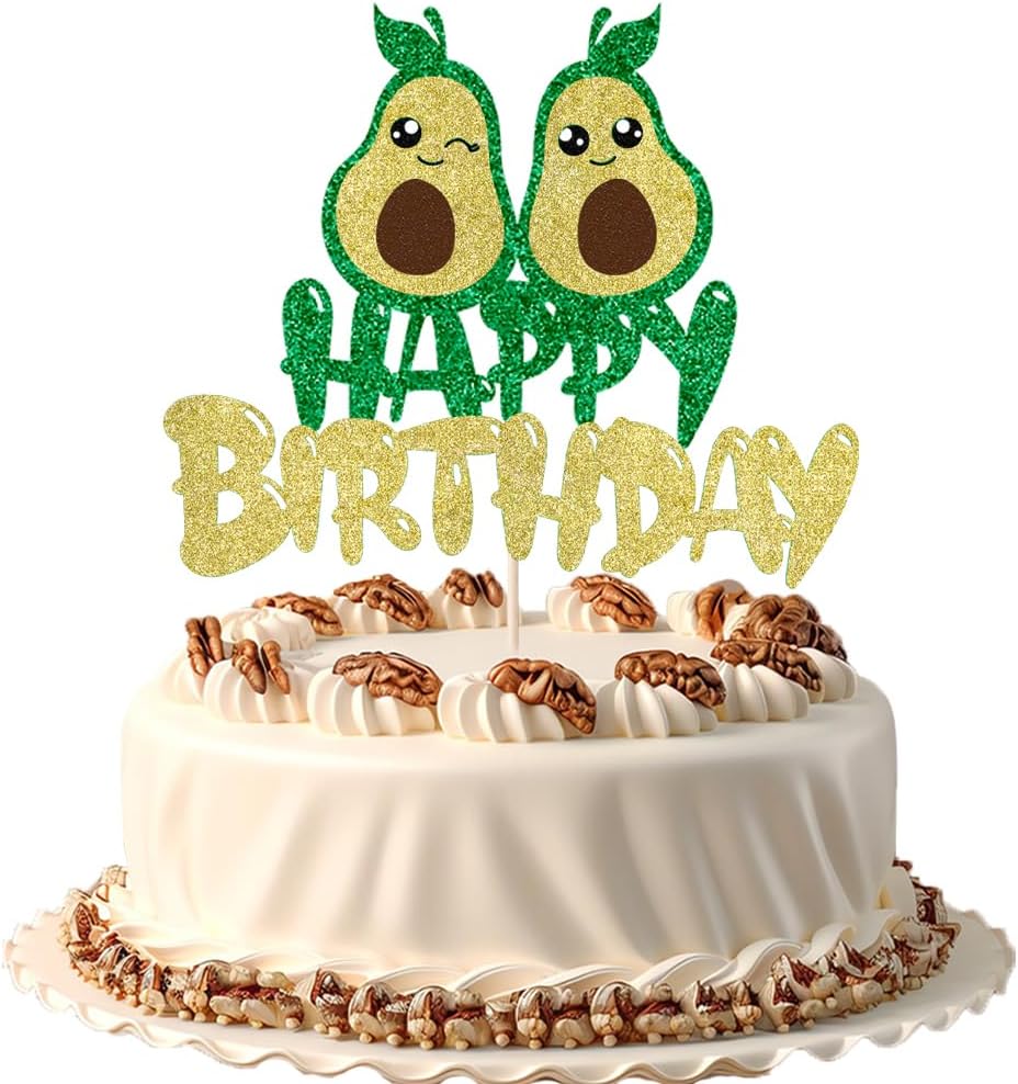 Glitter Avocado Happy Birthday Cake Topper, Summer Fiesta Fruit Theme Party Decoration (avocado)