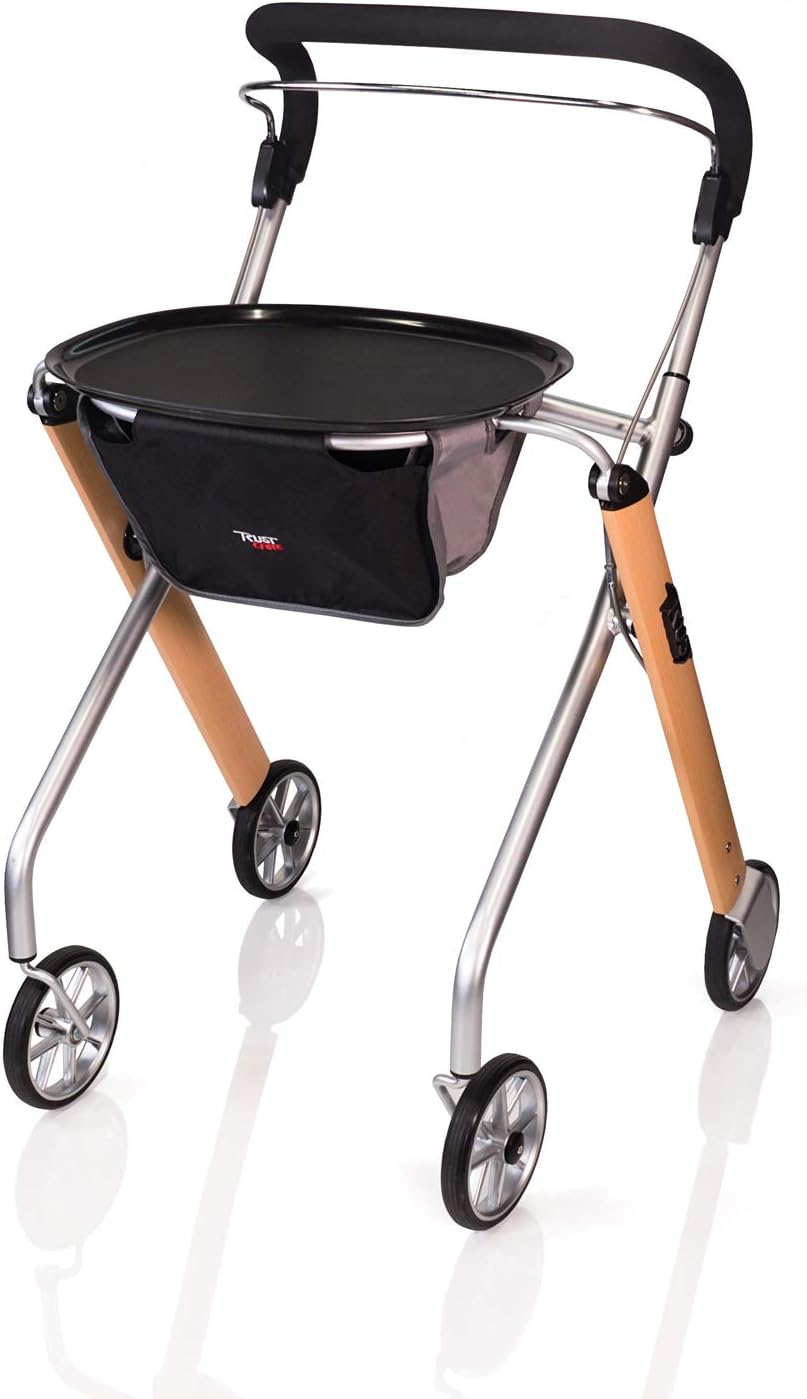 Stander Let’s Go Indoor Rollator, Lightweight Four Wheel Euro Style Walker with Tray, Folding Mobility Aid for Seniors by Trust Care, Beech