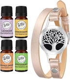 Wild Essentials Tree of Life Essential Oil Leather Wrap Bracelet Diffuser, Gift Set, Lavender, Lemongrass, Peppermint, Orange Oils, 12 Pads, Customizable Color Changing Perfume Jewelry, Aromatherapy