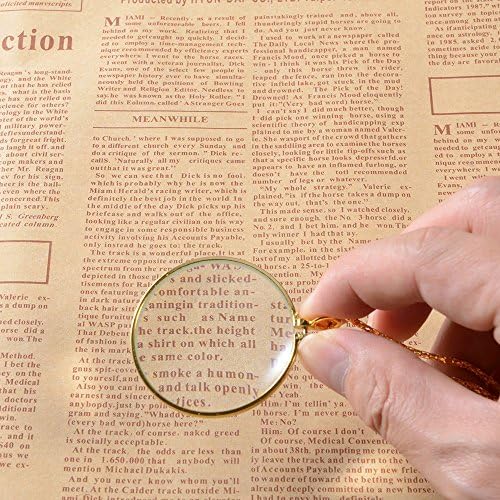 Mini Portable 5X Magnifer 42mm/1.7" with Alloy Chain Necklace Hanging Magnifying Glass for Reading Newspaper,Magazine,Map, Science Class,Hobby, Jewelry,Inspects,Rocks,Low Vision (Gold)