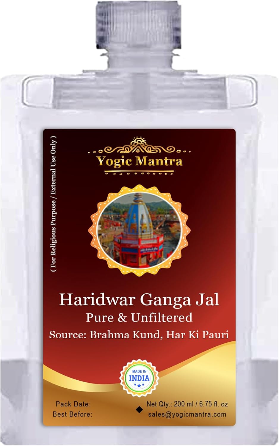Yogic Mantra Gangajal Holy Water | 200 ml Pouch | Pure Natural Unfiltered Ganga Jal for Pooja | Himalayan Mountain Water Sourced at Brahma Kund, Har Ki Pauri, Haridwar | Sacred Gangajal for Puja