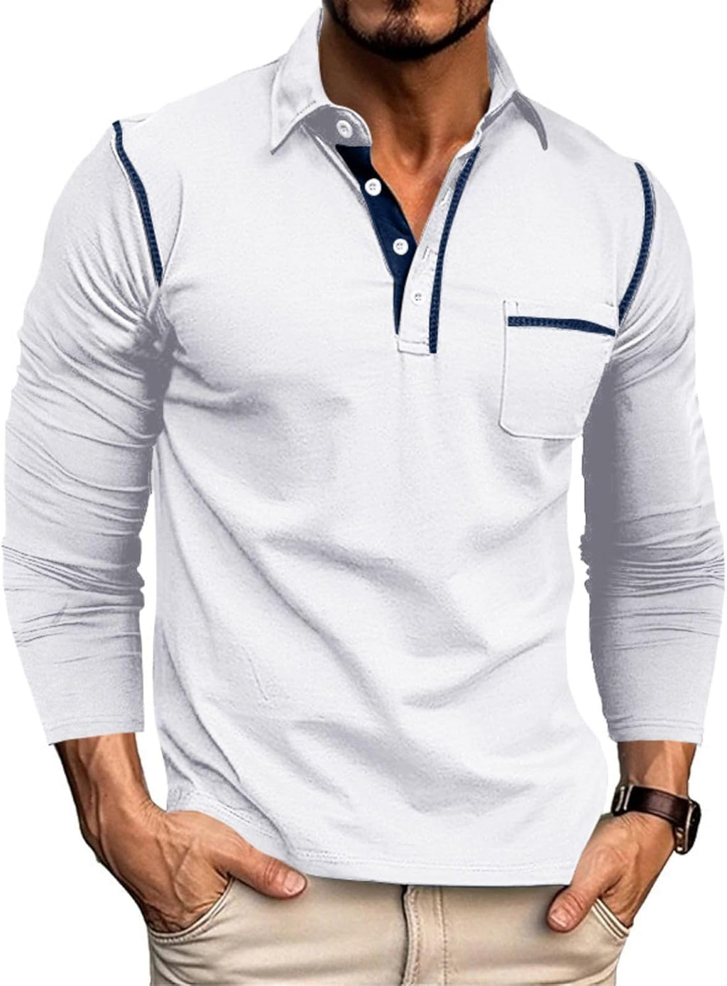 Men's Casual Polo Shirts Classic Long Sleeve Basic Button T-Shirt Lightweight Cotton Golf Tops with Pocket