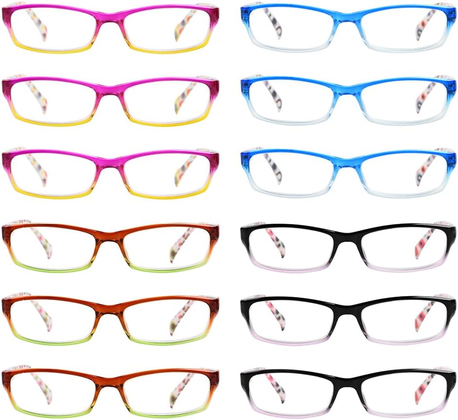 CessBlu 12 Pack Rectangular Reading Glasses for Women with Patterned Temples Spring Hinges +0.50