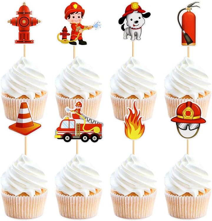 Fire Truck Cupcake Toppers,24 PCS Fire Truck Birthday Decorations,Fire Truck Cake Topper,Firefighter Birthday Party Decorations
