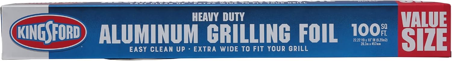 Kingsford Extra Wide Aluminum Foil Roll, Durable, Heavy Duty Grilling Foil for BBQ, Baking, Roasting, Food Storage, Grill Grate Coverage, and Larger Cuts, 18 Inch x 100 Sq Ft