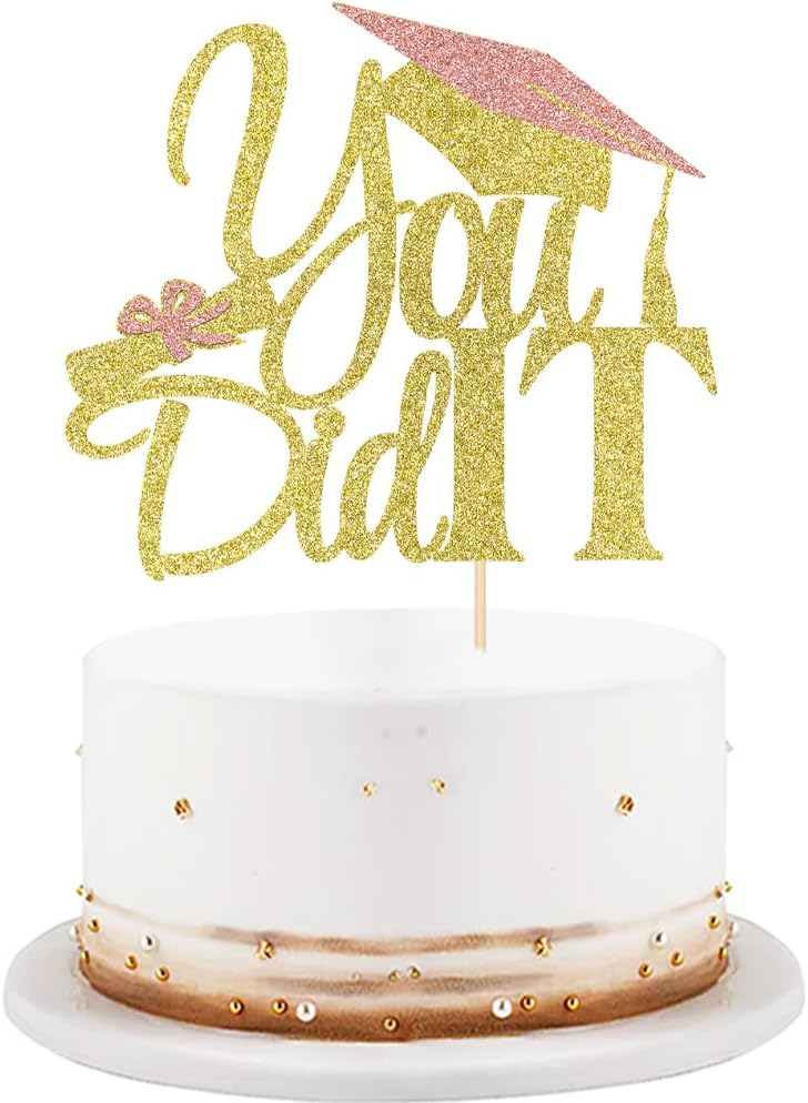 LVEUD I Did It Cake Topper - Congrats Grad Cake Toppers - Graduation Party Decorations (gold)