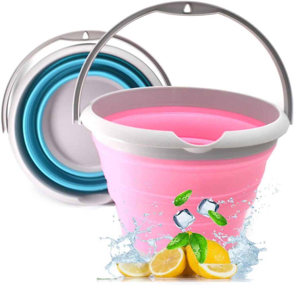 SAMMART Set of 2-10L (2.64Gallon) Collapsible Fishing Bucket - Foldable Round Tub - Portable Plastic Water Pail - Space Saving Outdoor Waterpot - Trunk Organizer (2, Pink + Bright Blue)