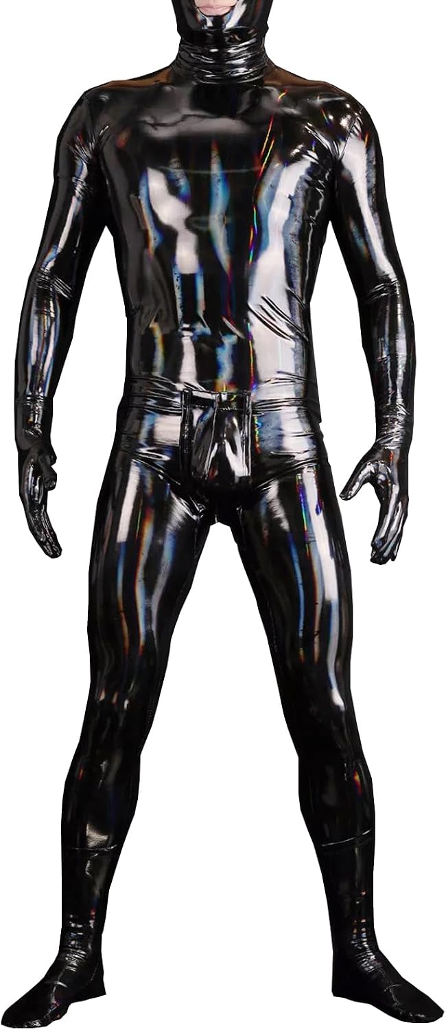 Men's Catsuit Handmade Jumpsuit Back Crotch Zipper Bodysuit with Hood Gloves