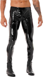 Linjinx Men's Faux Leather Tight Pants Two-Way Zipper Crotch Club Leggings PVC Long Trousers