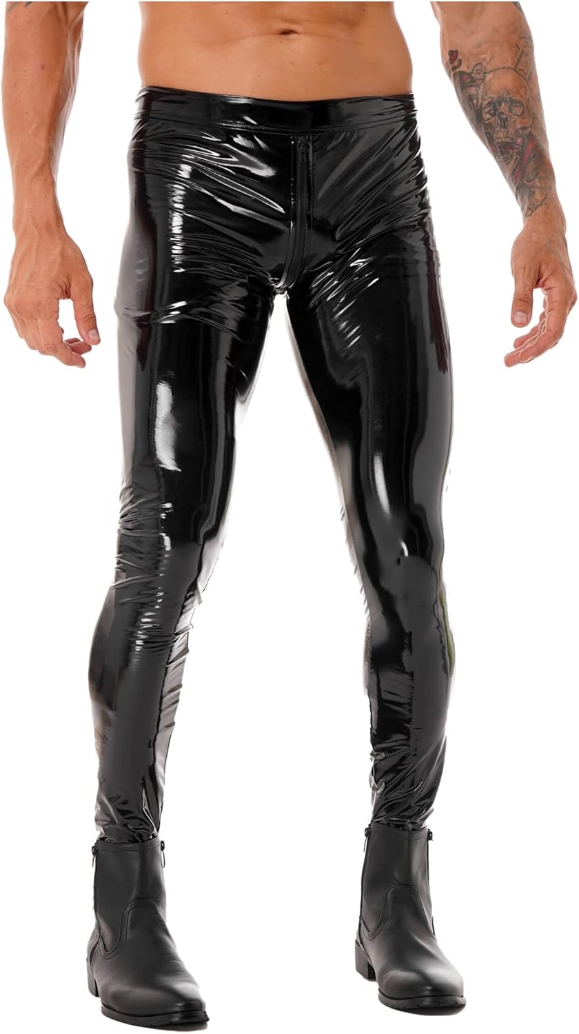 Linjinx Men's Faux Leather Tight Pants Two-Way Zipper Crotch Club Leggings PVC Long Trousers