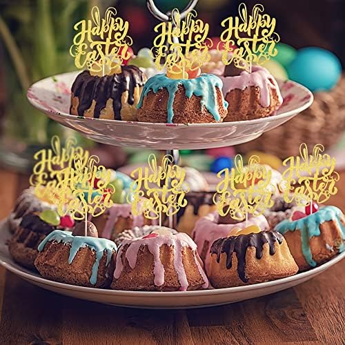 24 Pack Happy Easter Cupcake Toppers with Gold Glitter Rabbit Ear Cupcake Food Picks Bunny Paw Cake Decorations for Happy Easter Themed Baby Shower Kids Birthday Party Supplies