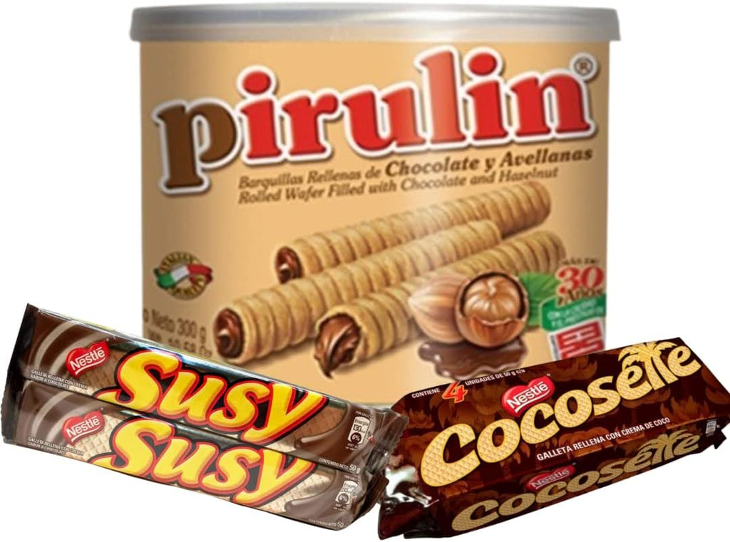 Latinsabor Venezuela Snacks Sweet Pack: COCOSETTE Cookie Wafers 50 gr (4 Pack) + SUSY Cookie Wafers 50 Gr (4 pack) + Pirulin Wafer Filled with Hazelnut and Chocolate Can 300 gr
