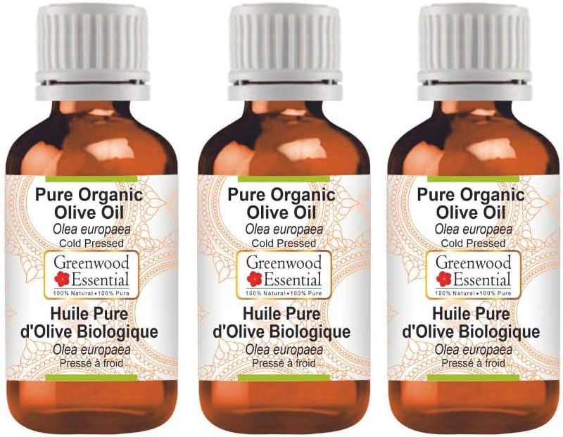 Greenwood Essential Pure Olive Oil (Olea europaea) Cold Pressed (Pack of Three) 100ml X 3 (10 oz)