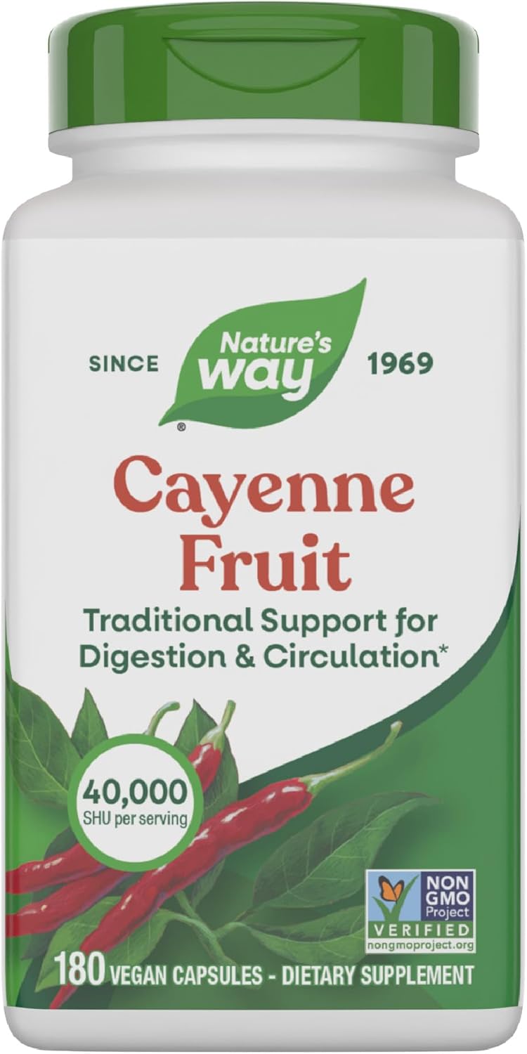 Nature's Way Cayenne Pepper Capsules, Traditional Digestion & Circulation Support*, Capsaicin, Non-GMO Project Verified, Gluten Free, 180 Vegan Capsules (Packaging May Vary)