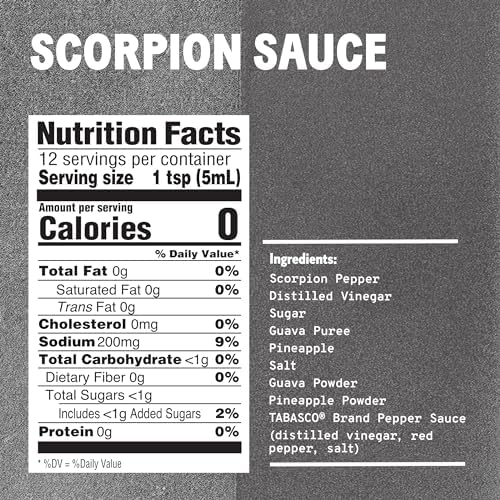 TABASCO Brand Scorpion Sauce, Fiery & Intense Hot Sauce, Glass Bottle, Bold & Hot, Scorpion Pepper, Guava & Pineapple Blend, Great on Tacos & More, 2 Fl Oz (Pack of 1)