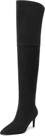SKYSTERRY Thigh High Boots Over the Knee Boots for Women Pointed Toe Stiletto High Heel Boots Comfortable Wide Calf Side Zipper Pull On Wedding Party Dating Long Fall Boots 2.4 Inch