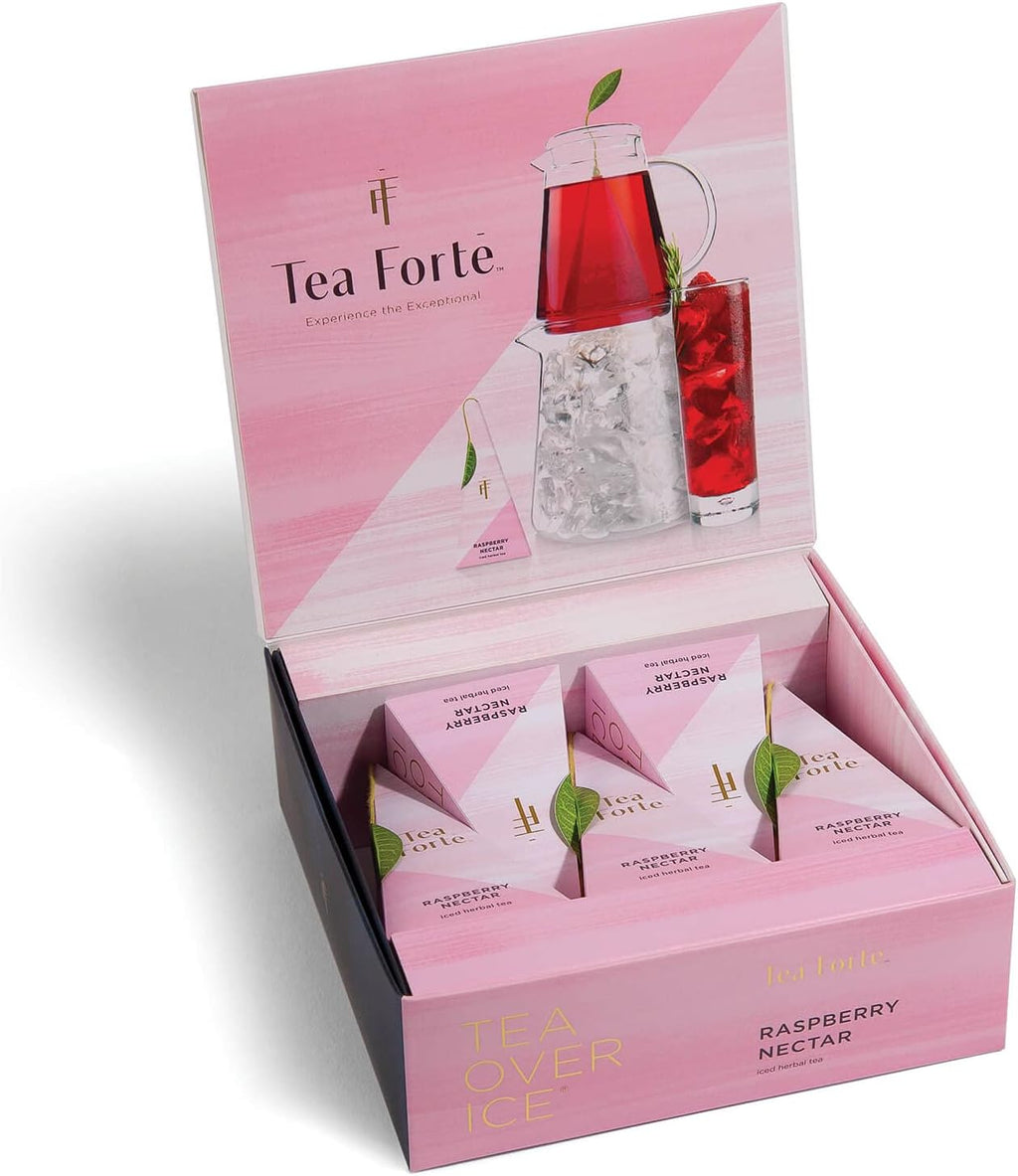 Tea Forte Tea Over Ice Raspberry Nectar Premium Organic Caffeine-Free Herbal Iced Tea Blend, 5 Count Individually Wrapped Handcrafted Pyramid Infuser Tea Bags, Each Steeps 24 oz.