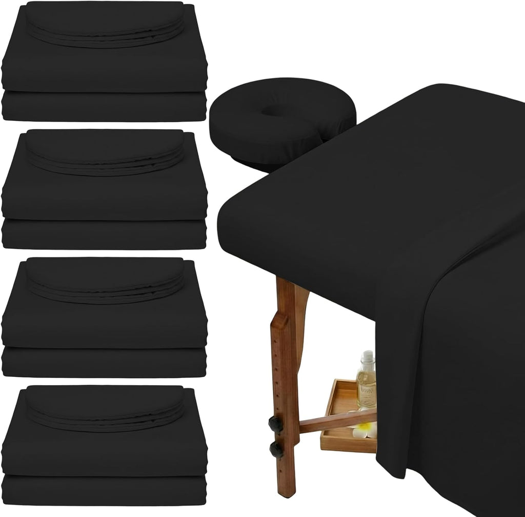 Oudain 4 Sets 3 Piece Soft Microfiber Massage Table Sheets Set Bulk Includes Massage Flat Sheet and Fitted Sheet and Face Rest Cover(Black)