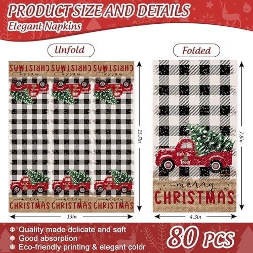 JarThenaAMCS 80Pcs Christmas Guest Napkin Black White Plaid Xmas Truck Disposable Paper Napkin Dinner Hand Towel Napkin for Christmas Holiday Party Supplies
