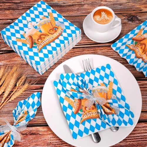 HOWAF 60pcs Oktoberfest Napkins, Blue White Plaids Oktoberfest Paper Napkin Bulk Octoberfest Disposable Napkins for Bavarian Beer Festival Table Decorations German Beer Festival Party Supplies