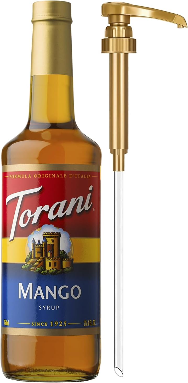 Torani Mango Syrup for Drinks, Flavoring for Iced Tea, Lemonade, and Sodas, Glass Bottle with Pump Included, 25.4 Fl Oz