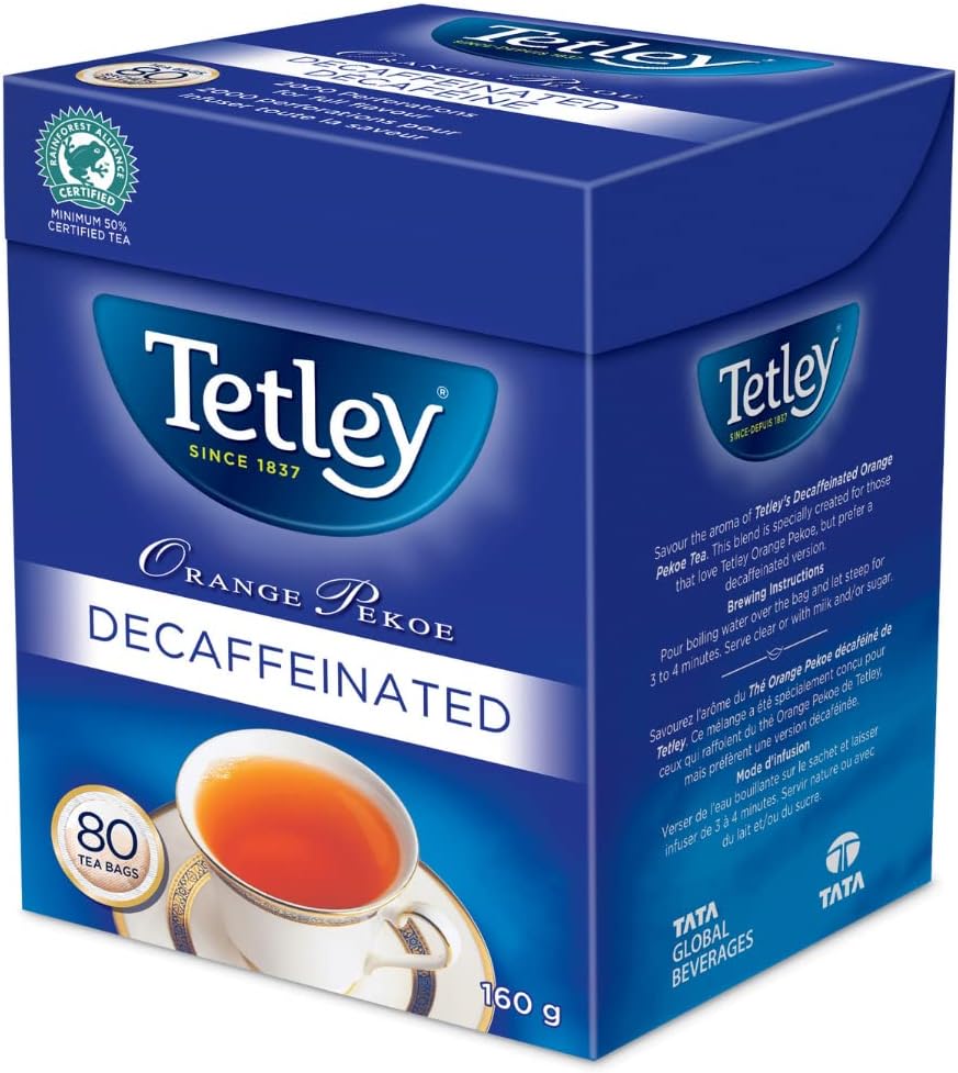 Tetley Orange Pekoe Decaffeinated Tea 80 Decaf Tea Bags 160g {Imported from Canada}