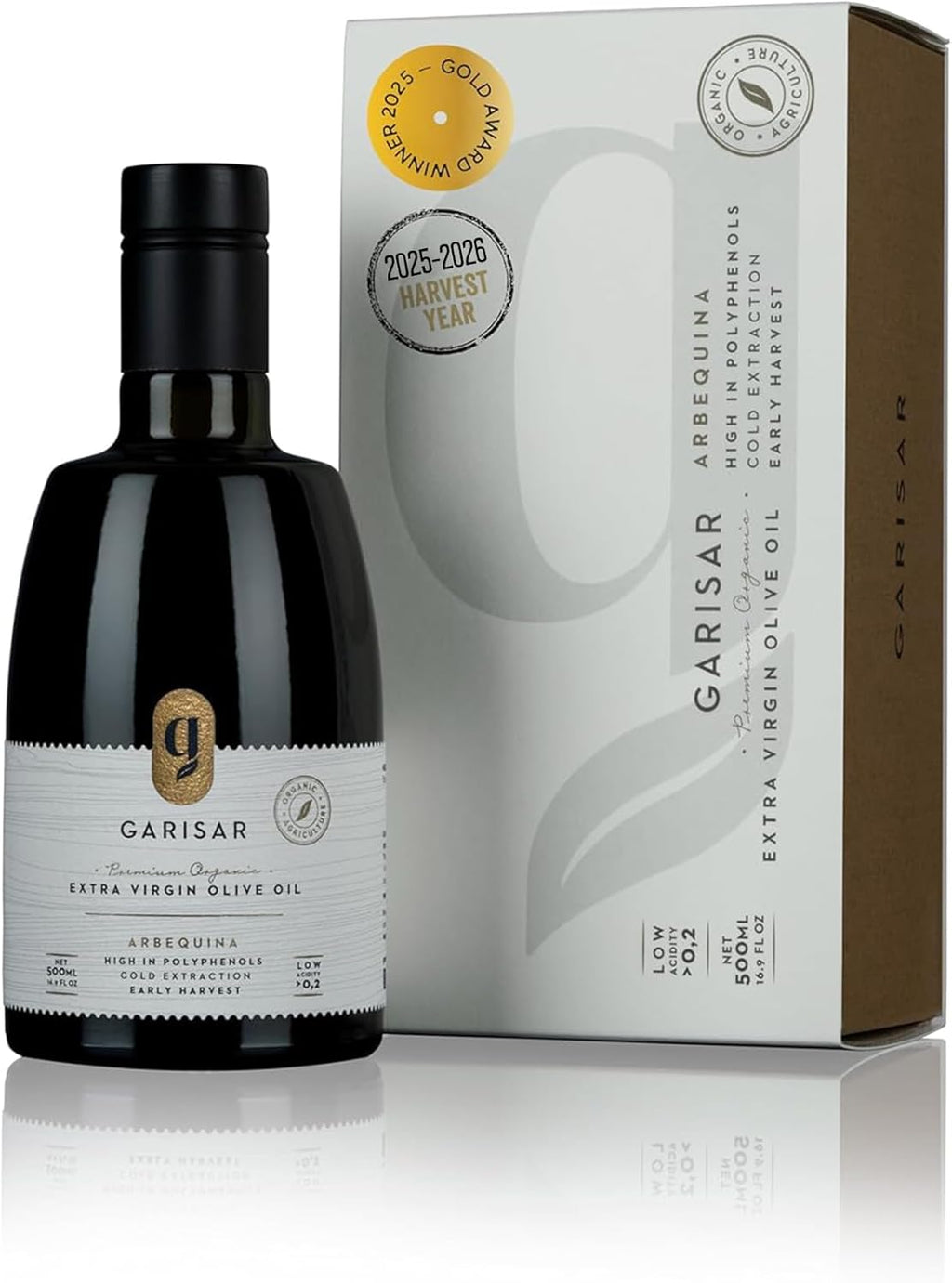 Garisar High In Polyphenol Premium Extra Virgin Olive Oil (>600 ppm), Low Acidity (Max 0.2%), NYIOOC 2025 Gold Medal Winner, Organic Agriculture Hand Picked, Cold Pressed, 100% Arbequina - Pack of 1