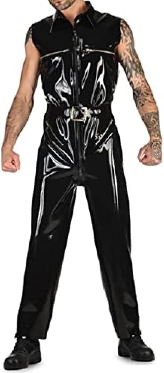 Black Sexy Loose Latex Catsuit Sleeveless Front Crotch Zipper Breast Zipper Rubber,Red,S