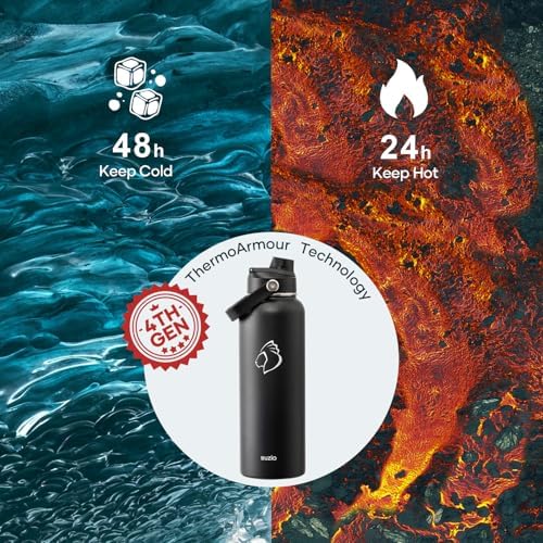 BUZIO 40oz Insulated Water Bottle, Triple Wall Vacuum Stainless Steel Water Flask with 2 lids, Lead-Free BPA-Free Straw Lid Sports Canteen Jug, Cold 48H & Hot 24H- Black