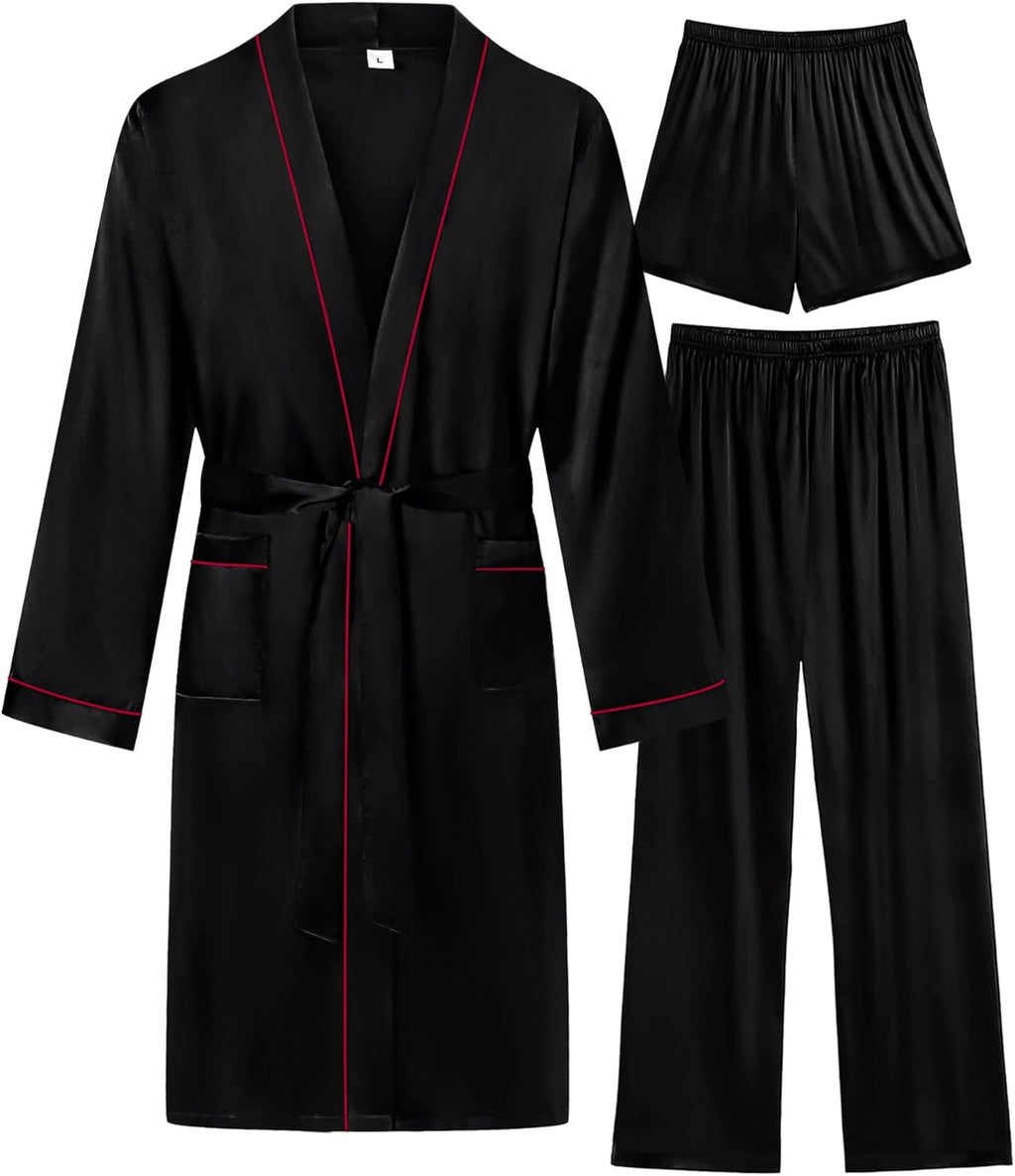 SWOMOG Mens 3 PCS Satin Robe with Pants & Shorts Set Kimono Bathrobe Long Sleeve Sleepwear Pjs Sets with Pockets