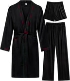 SWOMOG Mens 3 PCS Satin Robe with Pants & Shorts Set Kimono Bathrobe Long Sleeve Sleepwear Pjs Sets with Pockets