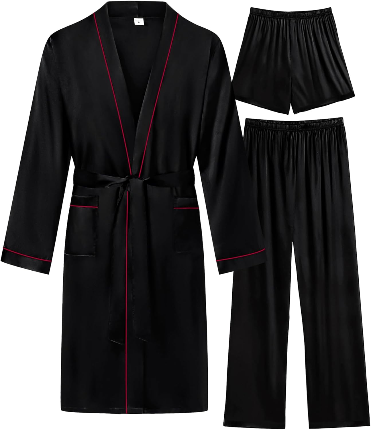 SWOMOG Mens 3 PCS Satin Robe with Pants & Shorts Set Kimono Bathrobe Long Sleeve Sleepwear Pjs Sets with Pockets