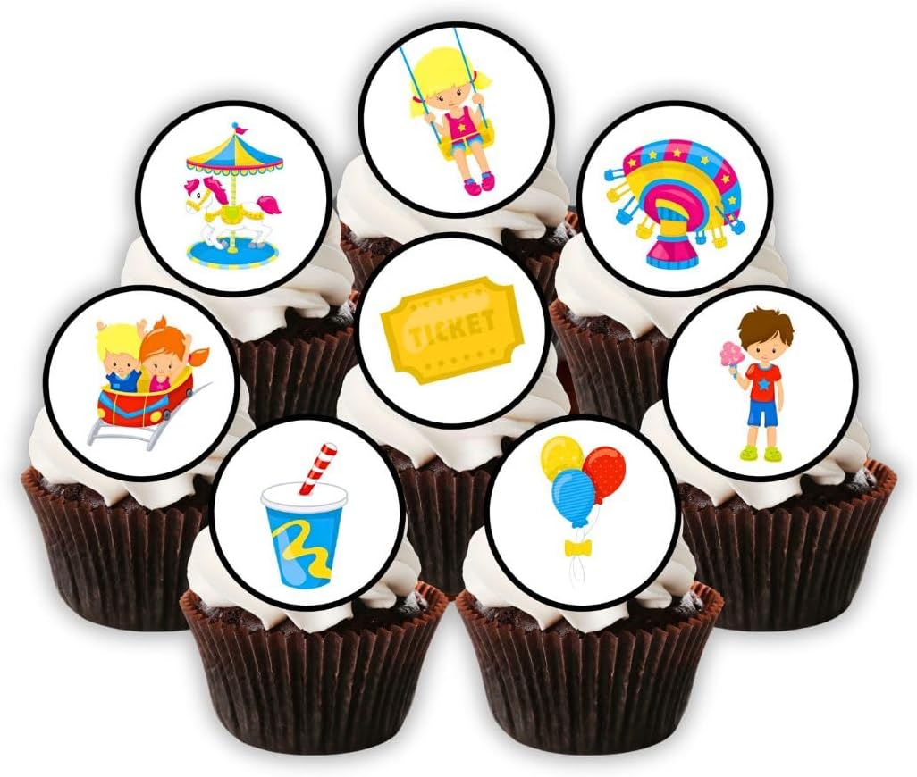 Fun Fair Edible Cupcake Toppers, Carnival Edible Cake Decorations, Carnival Theme Party Decorations, Circus Party Cake Toppers, 24 x 4cm / 1.5 Inch Wafer Card Discs