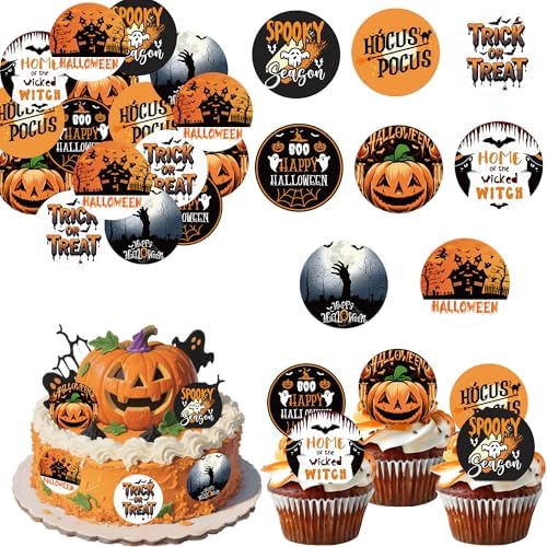 36PCS Edible Halloween Cupcake Toppers Wafer Paper Trick or Treat Cake Toppers Spooky Season Hocus Pocus Cupcake Picks for Halloween Eve Theme Party Birthday Decor Supplies
