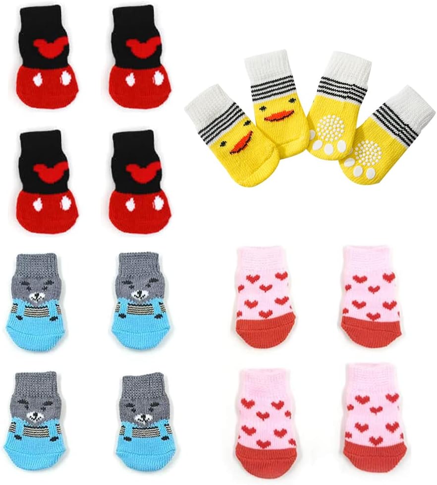 16 Pieces Dog Anti Slip Socks for Small Dogs, 4 Styles Non Skid Doggie Socks with Grips, Anti-Slip Indoor Puppy Cat Pet Paw Protection for Hardwood Floor Wear, Prevent Licking, S