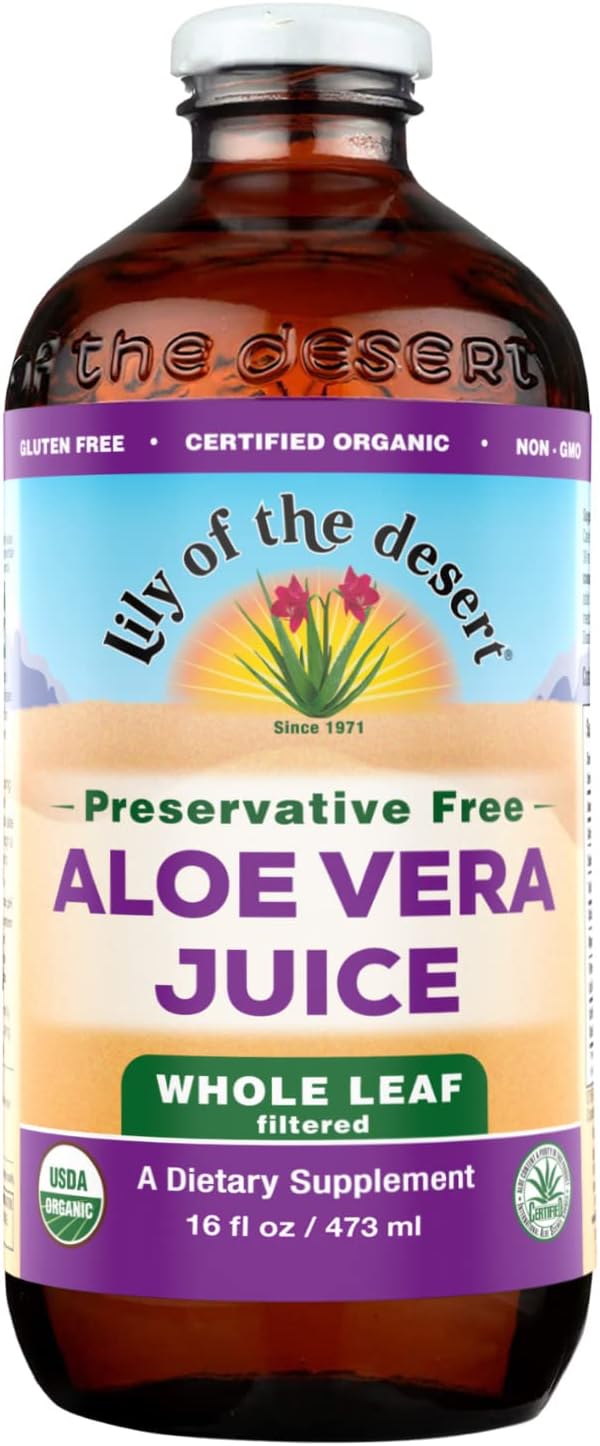 Lily of the Desert Aloe Vera Juice, Whole Leaf Filtered, Organic & Preservative Free – Natural Vitamins, Digestive Enzymes for Gut Health, Glowing Skin & Wellness, 16 Fl Oz