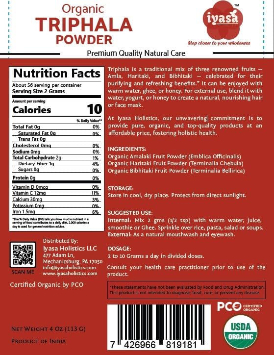 Iyasa Holistics Triphala Powder Organic 4 oz – USDA Certified Ayurveda Blend with Bibhitaki, Haritaki & Amla Powder – Supports Daily Rejuvenation & Digestive Balance – Pure Ayurveda Products