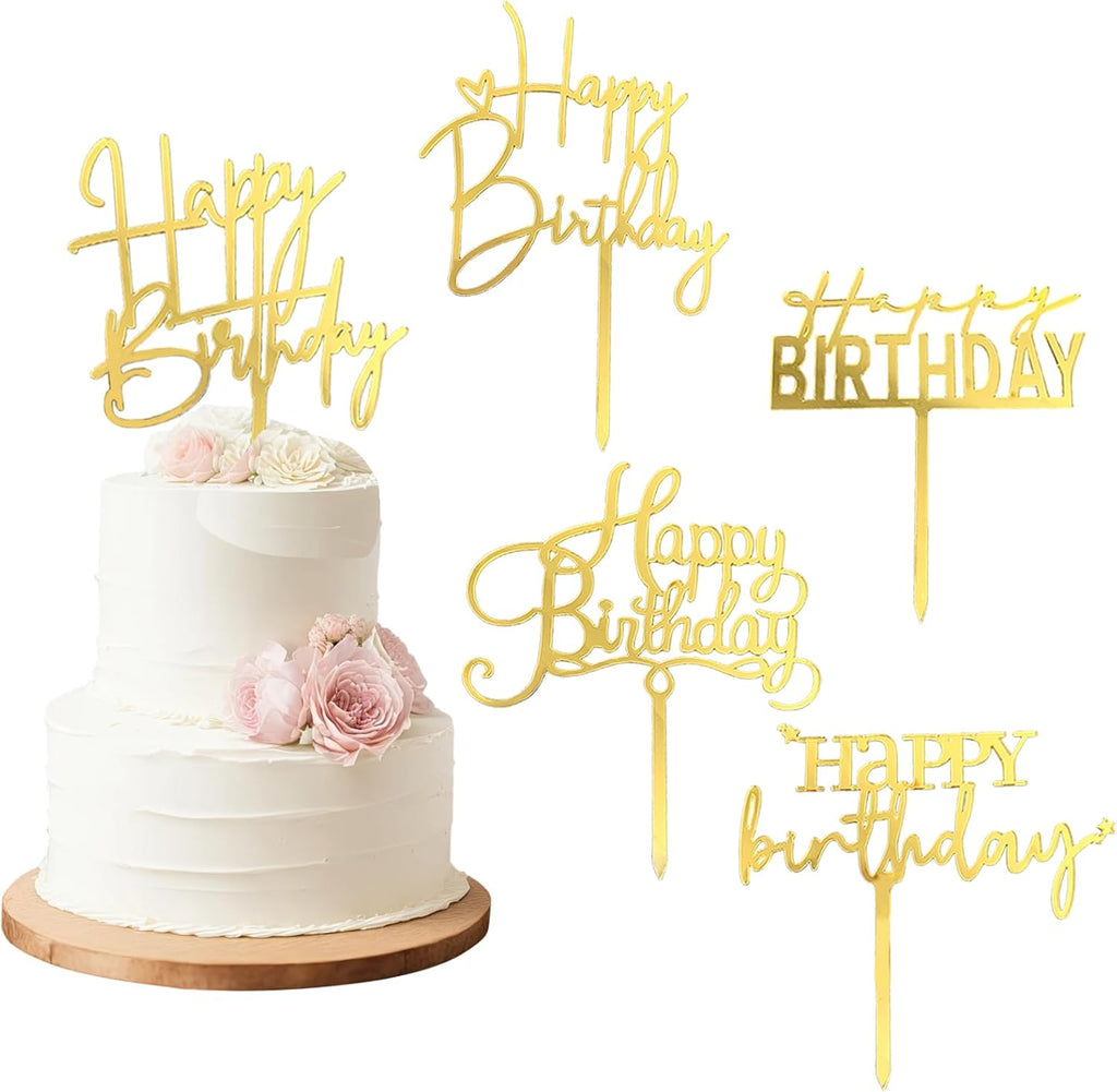 Gold Happy Birthday Cake Toppers, 5Pcs Acrylic Cupcake Toppers, Happy Birth Cake Decorations for Girls and Adults