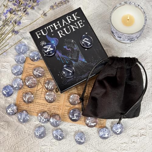Runes Set, 25Pcs Purple Rune Stone Set with Guide Book, Velvet Bag, Viking Runas for Beginners, Ritual/Pagan/Meditation/Divination/Witchcraft