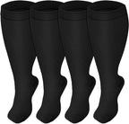 Hotfiary 4 Pairs Plus Size Compression Socks for Women Men Wide Calf 20-30mmhg Extra Large Knee High Support for Circulation
